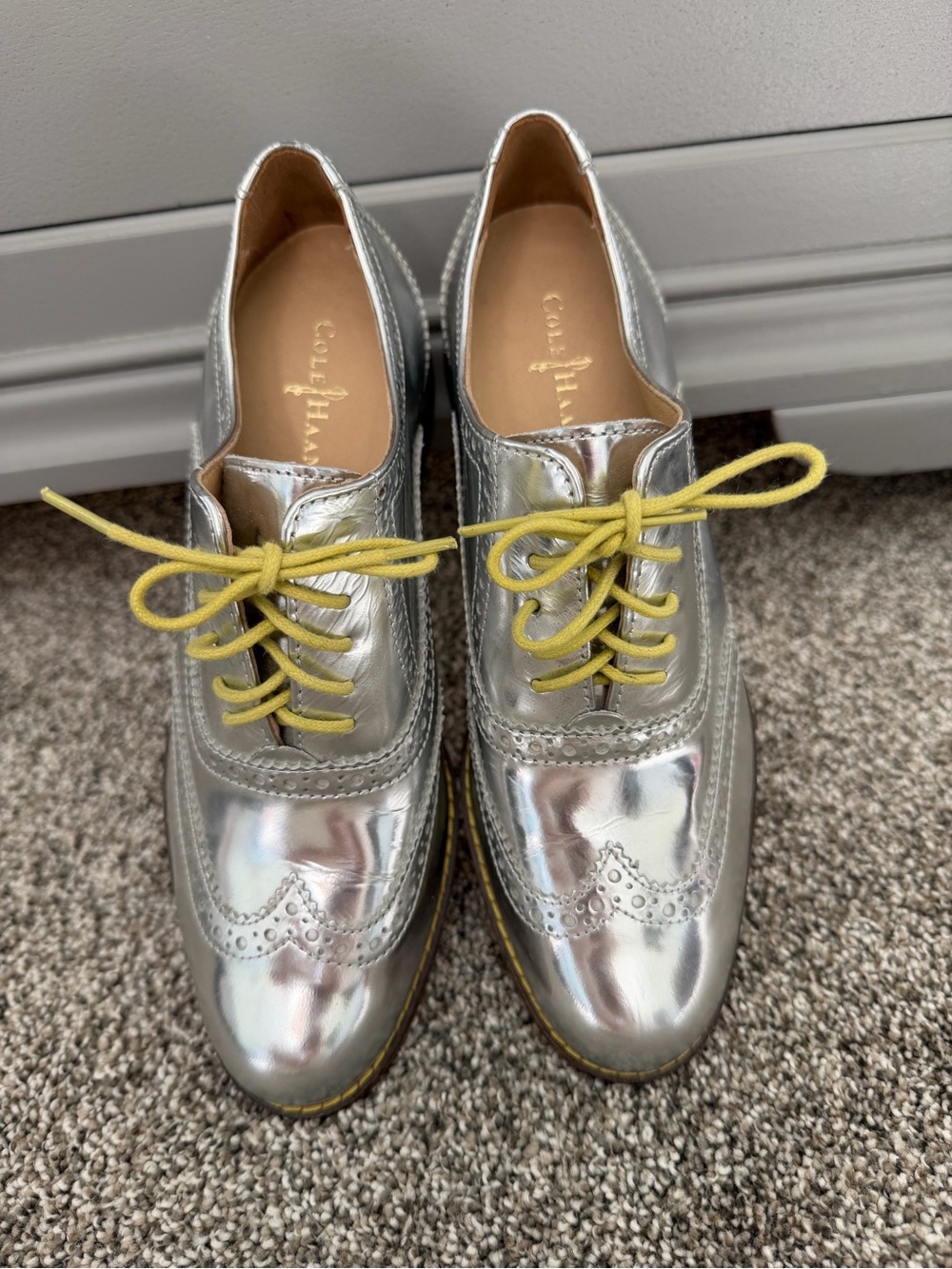 Cole Haan Silver Metallic Wingtip Flats with Yellow Laces